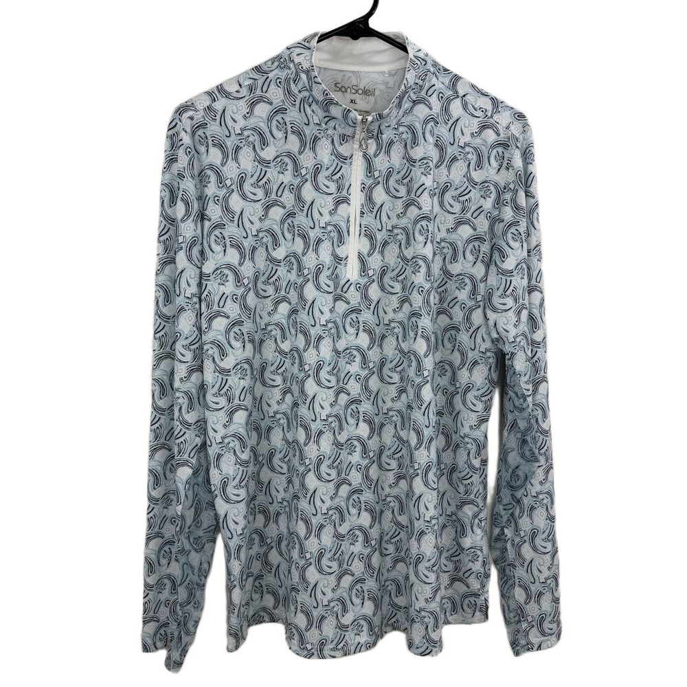 San Soleil Womens Long Sleeve Shirt Size XL Blue Top 1/4 Zip Paisley UV UPF